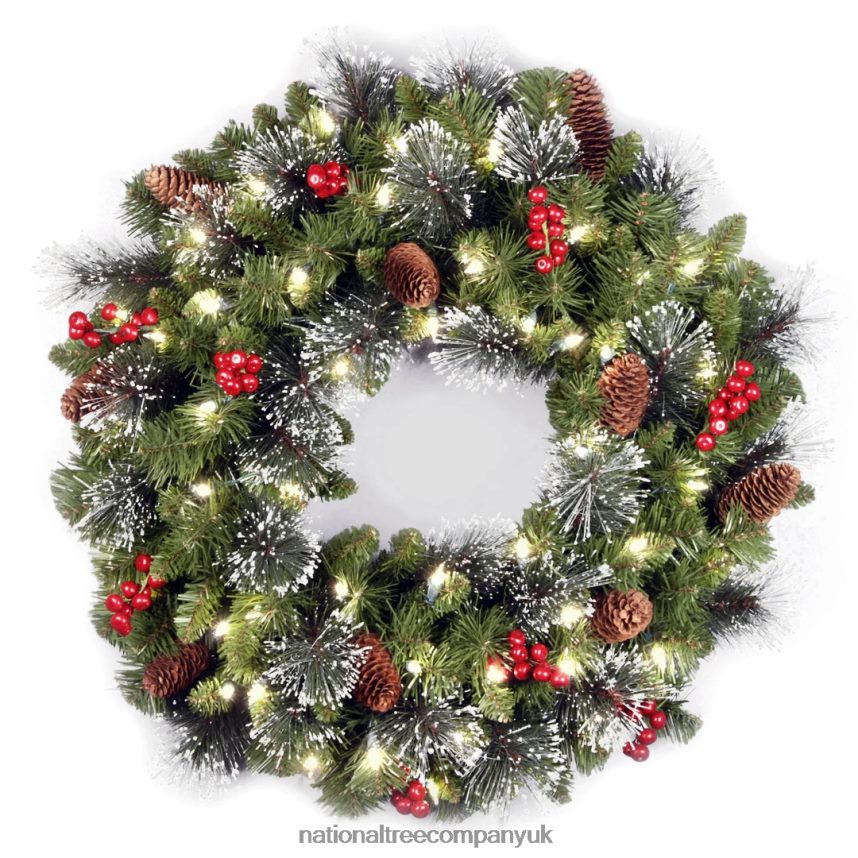 Greenery | National Tree Company Pre-Lit Artificial Christmas Wreath Green Crestwood Spruce White Lights Decorated with Pine Cones Berry Clusters Frosted Branches Christmas Collection 24 Inche
